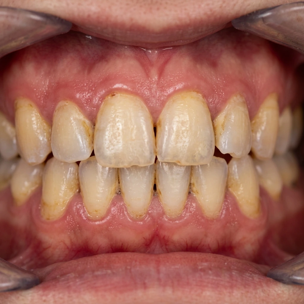 Dientes desgastados y oscurecidos antes del tratamiento de carillas